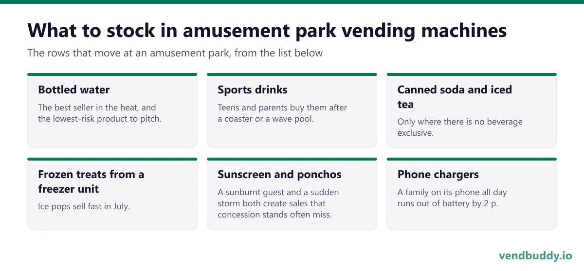 What to stock in amusement park vending machines: bottled water, sports drinks, canned soda and iced tea, frozen treats from a freezer unit, sunscreen and ponchos, phone chargers