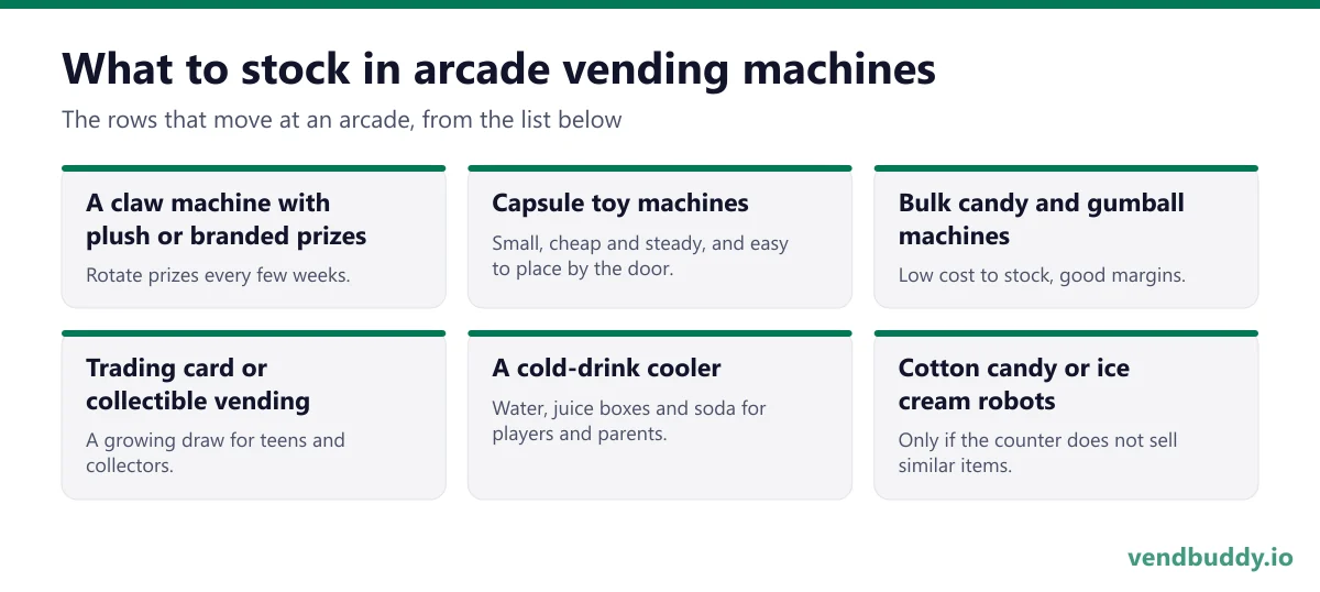 What to stock in arcade vending machines: a claw machine with plush or branded prizes, capsule toy machines, bulk candy and gumball machines, trading card or collectible vending, a cold-drink cooler, cotton candy or ice cream robots