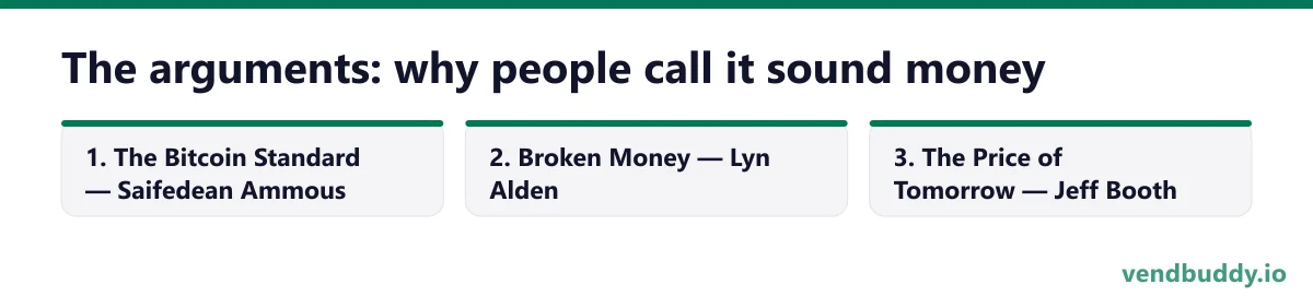 The arguments: why people call it sound money, 3 points in order: The Bitcoin Standard — Saifedean Ammous; Broken Money — Lyn Alden; The Price of Tomorrow — Jeff Booth