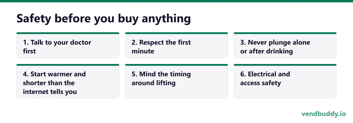 Safety before you buy anything, 6 points in order: Talk to your doctor first; Respect the first minute; Never plunge alone or after drinking; Start warmer and shorter than the internet tells you; Mind the timing around lifting; Electrical and access safety