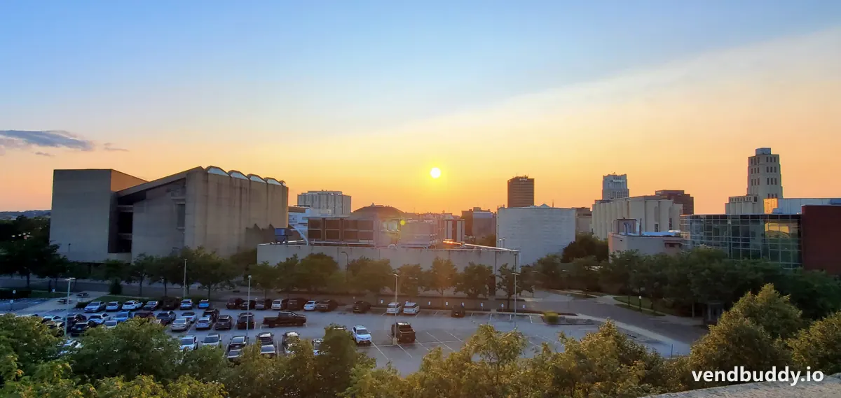 The Akron skyline, OH, the core of the local vending market covered in this guide