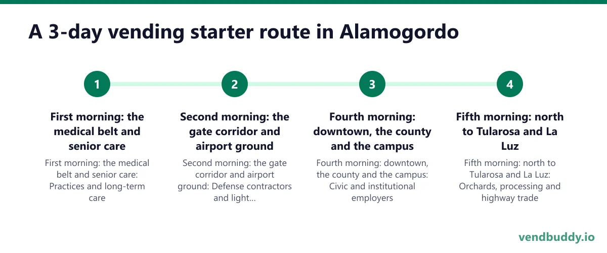 A 3-day vending starter route in Alamogordo: First morning: the medical belt and senior care; Second morning: the gate corridor and airport ground; Fourth morning: downtown, the county and the campus; Fifth morning: north to Tularosa and La Luz