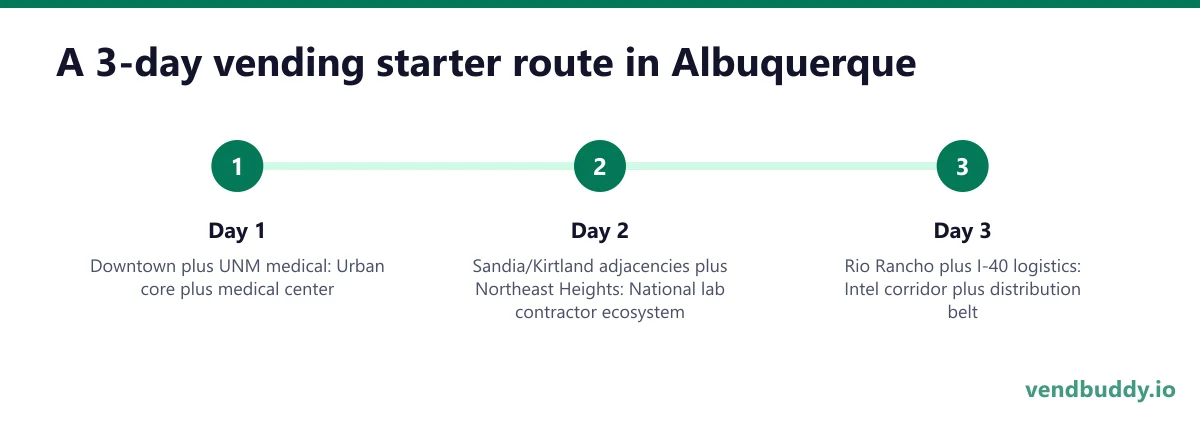 A 3-day vending starter route in Albuquerque: Day 1 — Downtown plus UNM medical; Day 2 — Sandia/Kirtland adjacencies plus Northeast Heights; Day 3 — Rio Rancho plus I-40 logistics