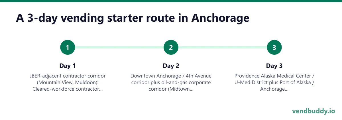 A 3-day vending starter route in Anchorage: Day 1 — JBER-adjacent contractor corridor (Mountain View, Muldoon); Day 2 — Downtown Anchorage / 4th Avenue corridor plus oil-and-gas corporate corridor (Midtown Anchorage); Day 3 — Providence Alaska Medical Center / U-Med District plus Port of Alaska / Anchorage International Airport logistics belt
