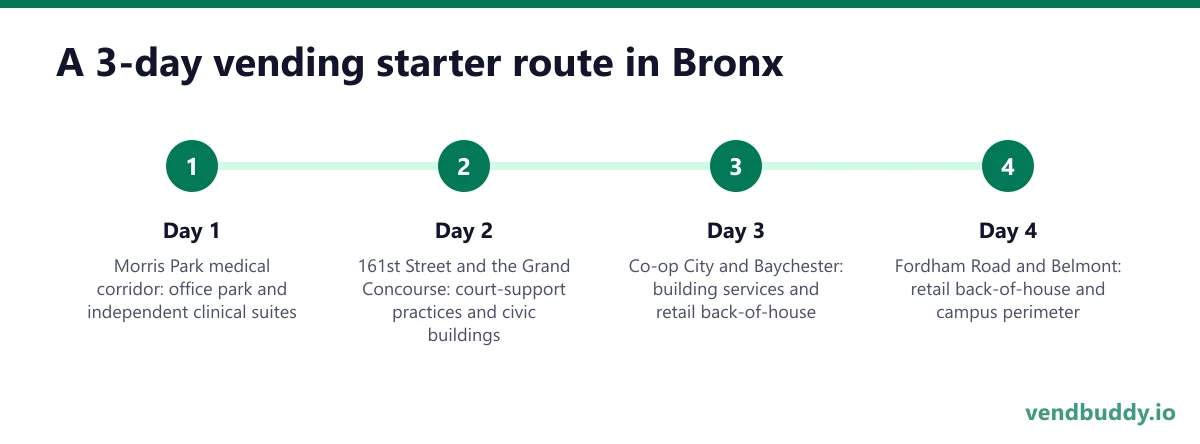 A 3-day vending starter route in Bronx: Day 1 — Morris Park medical corridor; Day 2 — 161st Street and the Grand Concourse; Day 3 — Co-op City and Baychester; Day 4 — Fordham Road and Belmont