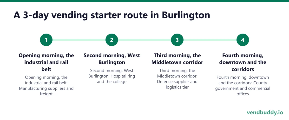 A 3-day vending starter route in Burlington: Opening morning, the industrial and rail belt; Second morning, West Burlington; Third morning, the Middletown corridor; Fourth morning, downtown and the corridors