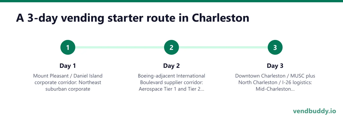 A 3-day vending starter route in Charleston: Day 1 — Mount Pleasant / Daniel Island corporate corridor; Day 2 — Boeing-adjacent International Boulevard supplier corridor; Day 3 — Downtown Charleston / MUSC plus North Charleston / I-26 logistics