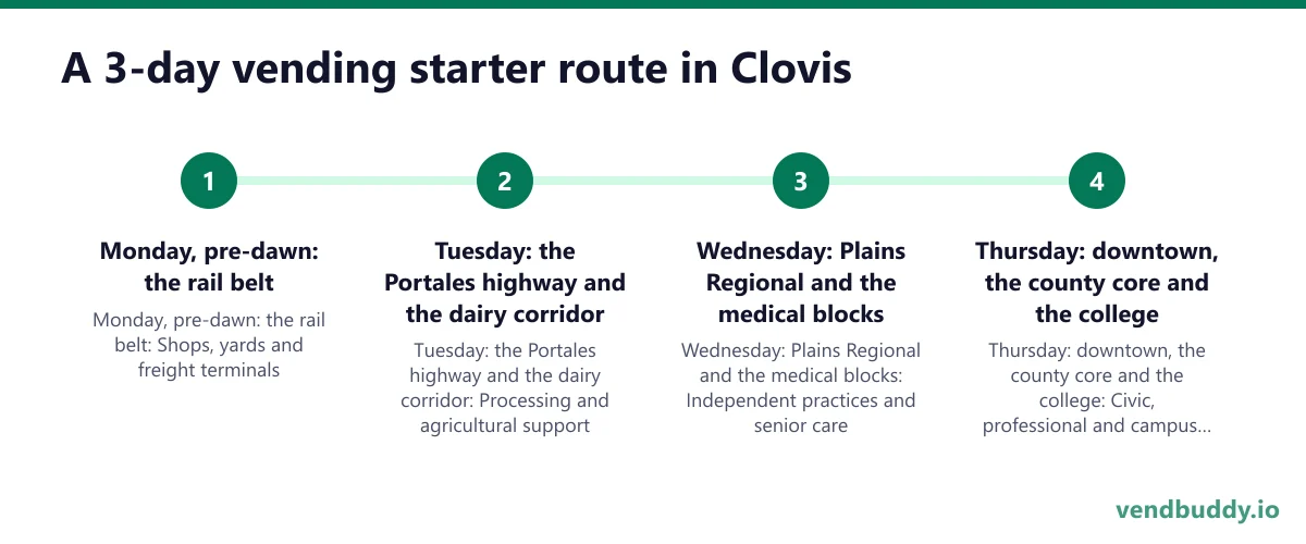 A 3-day vending starter route in Clovis: Monday, pre-dawn: the rail belt; Tuesday: the Portales highway and the dairy corridor; Wednesday: Plains Regional and the medical blocks; Thursday: downtown, the county core and the college