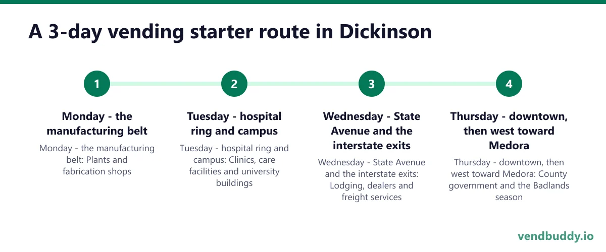 A 3-day vending starter route in Dickinson: Monday - the manufacturing belt; Tuesday - hospital ring and campus; Wednesday - State Avenue and the interstate exits; Thursday - downtown, then west toward Medora