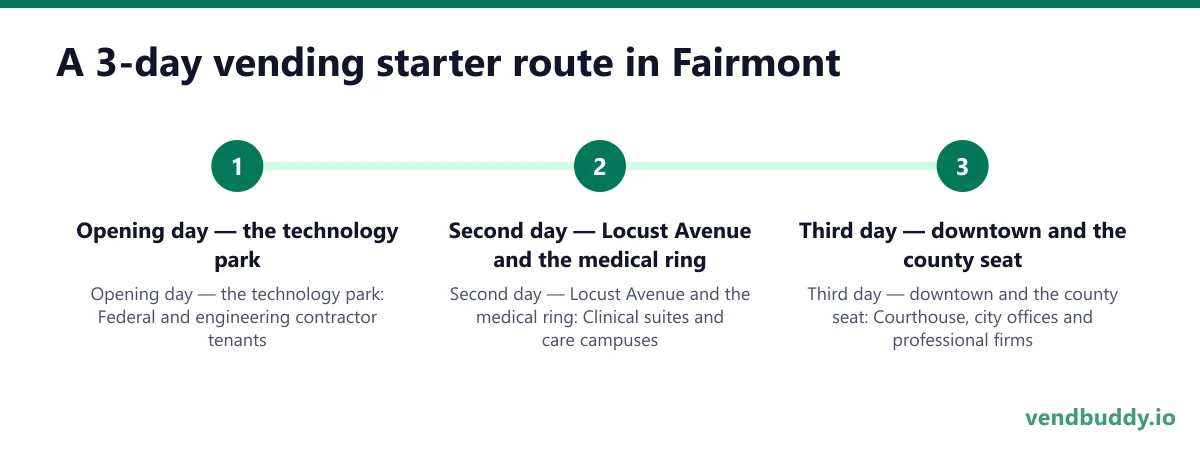 A 3-day vending starter route in Fairmont: Opening day — the technology park; Second day — Locust Avenue and the medical ring; Third day — downtown and the county seat