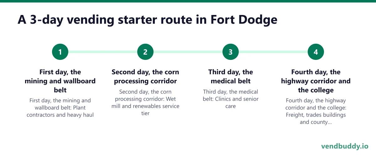 A 3-day vending starter route in Fort Dodge: First day, the mining and wallboard belt; Second day, the corn processing corridor; Third day, the medical belt; Fourth day, the highway corridor and the college