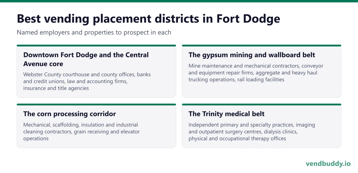 Best vending placement districts in Fort Dodge: Downtown Fort Dodge and the Central Avenue core, The gypsum mining and wallboard belt, The corn processing corridor, The Trinity medical belt