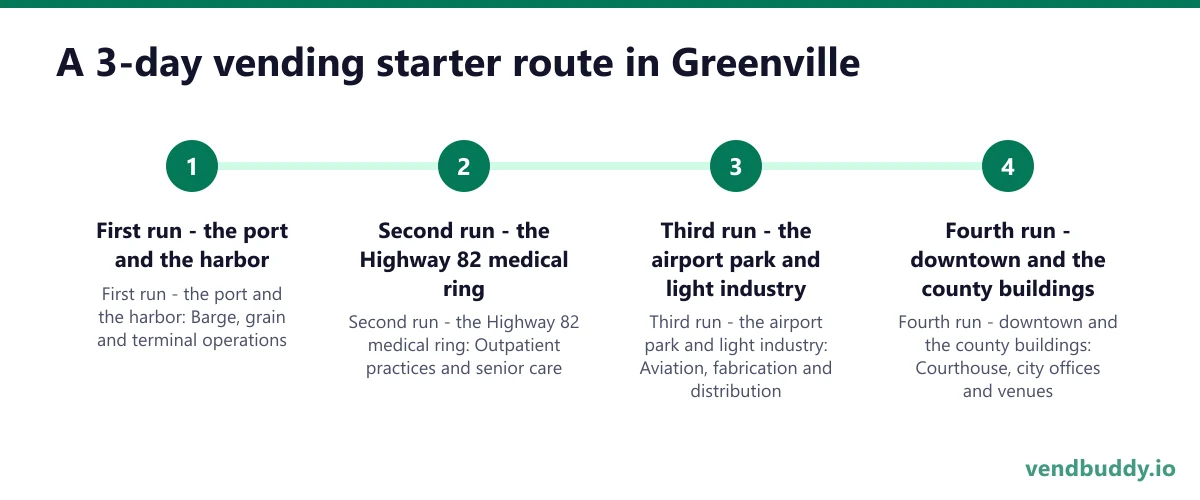 A 3-day vending starter route in Greenville: First run - the port and the harbor; Second run - the Highway 82 medical ring; Third run - the airport park and light industry; Fourth run - downtown and the county buildings