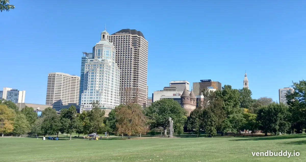 The Hartford skyline, CT, the core of the local vending market covered in this guide
