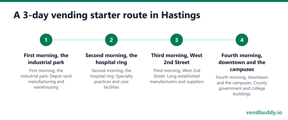 A 3-day vending starter route in Hastings: First morning, the industrial park; Second morning, the hospital ring; Third morning, West 2nd Street; Fourth morning, downtown and the campuses