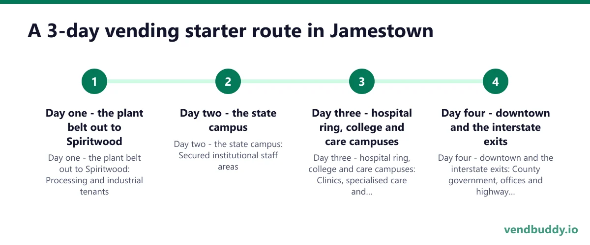 A 3-day vending starter route in Jamestown: Day one - the plant belt out to Spiritwood; Day two - the state campus; Day three - hospital ring, college and care campuses; Day four - downtown and the interstate exits