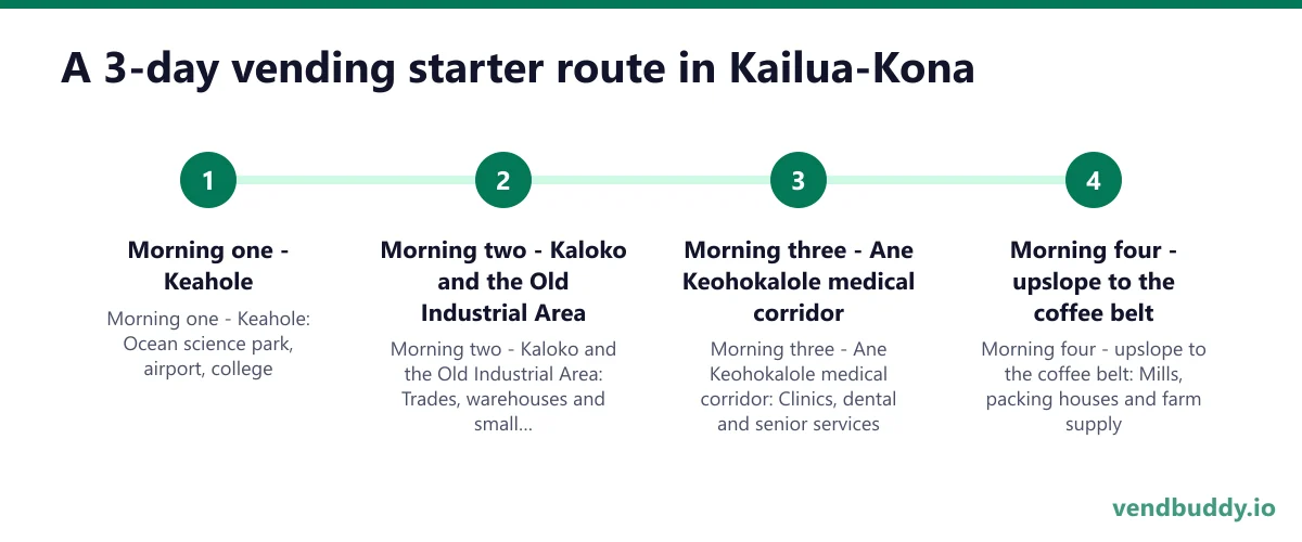 A 3-day vending starter route in Kailua-Kona: Morning one - Keahole; Morning two - Kaloko and the Old Industrial Area; Morning three - Ane Keohokalole medical corridor; Morning four - upslope to the coffee belt