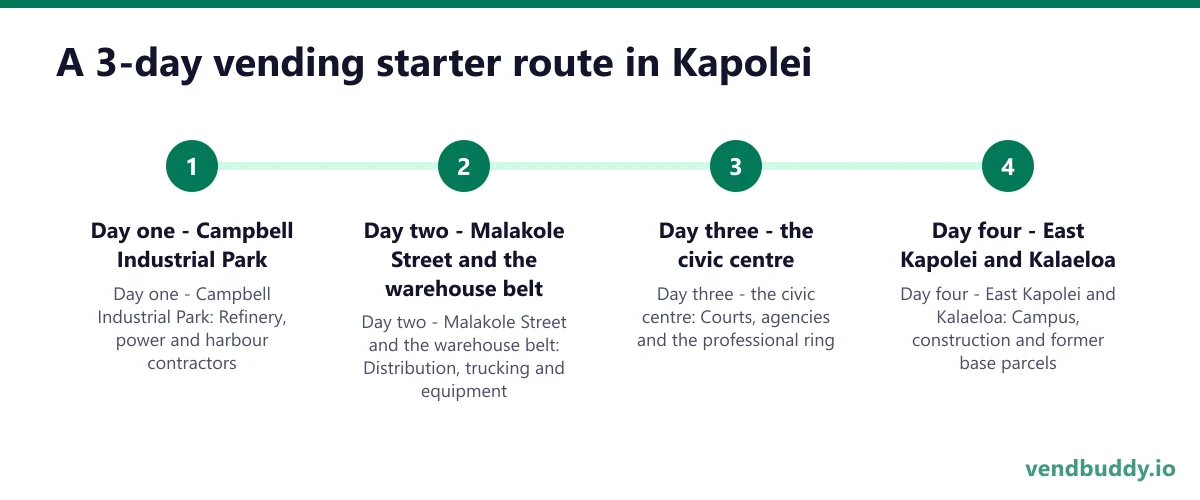 A 3-day vending starter route in Kapolei: Day one - Campbell Industrial Park; Day two - Malakole Street and the warehouse belt; Day three - the civic centre; Day four - East Kapolei and Kalaeloa