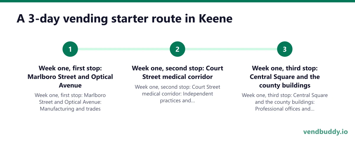 A 3-day vending starter route in Keene: Week one, first stop: Marlboro Street and Optical Avenue; Week one, second stop: Court Street medical corridor; Week one, third stop: Central Square and the county buildings