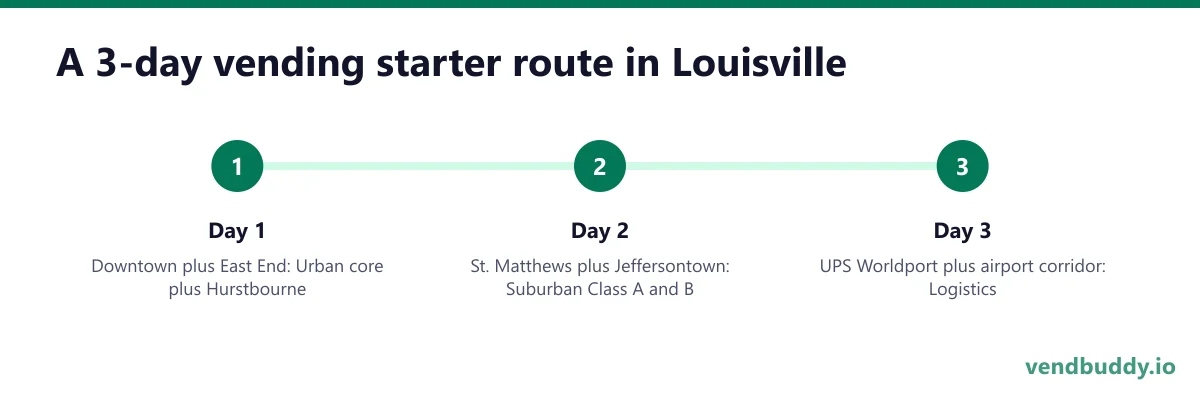A 3-day vending starter route in Louisville: Day 1 — Downtown plus East End; Day 2 — St. Matthews plus Jeffersontown; Day 3 — UPS Worldport plus airport corridor
