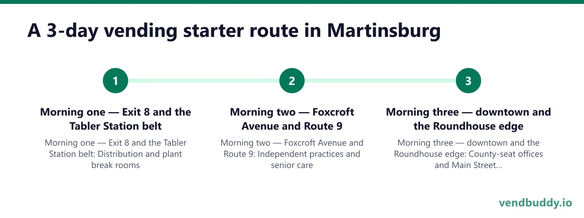 A 3-day vending starter route in Martinsburg: Morning one — Exit 8 and the Tabler Station belt; Morning two — Foxcroft Avenue and Route 9; Morning three — downtown and the Roundhouse edge