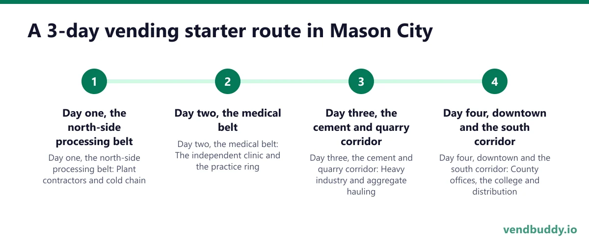 A 3-day vending starter route in Mason City: Day one, the north-side processing belt; Day two, the medical belt; Day three, the cement and quarry corridor; Day four, downtown and the south corridor