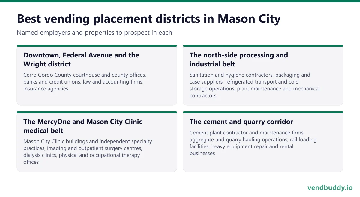 Best vending placement districts in Mason City: Downtown, Federal Avenue and the Wright district, The north-side processing and industrial belt, The MercyOne and Mason City Clinic medical belt, The cement and quarry corridor