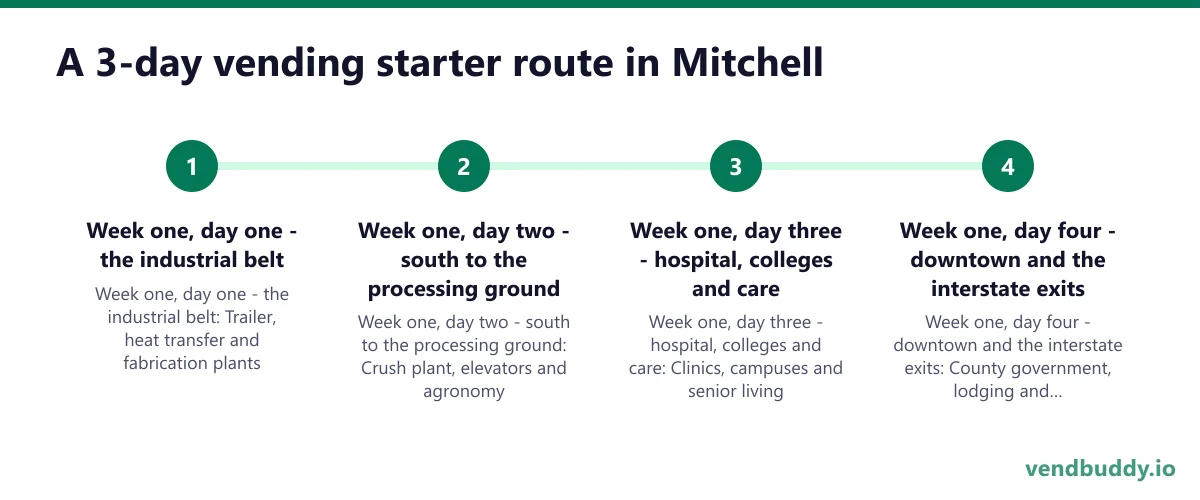 A 3-day vending starter route in Mitchell: Week one, day one - the industrial belt; Week one, day two - south to the processing ground; Week one, day three - hospital, colleges and care; Week one, day four - downtown and the interstate exits