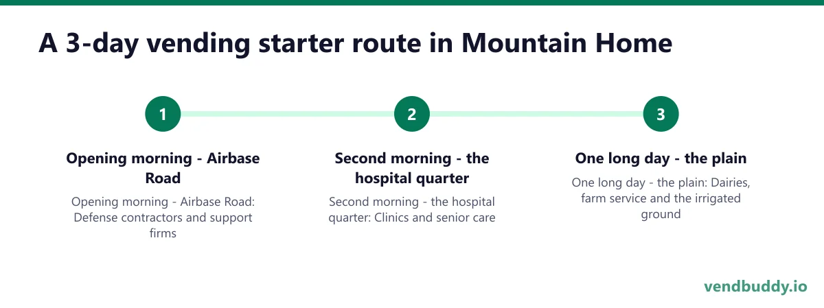 A 3-day vending starter route in Mountain Home: Opening morning - Airbase Road; Second morning - the hospital quarter; One long day - the plain