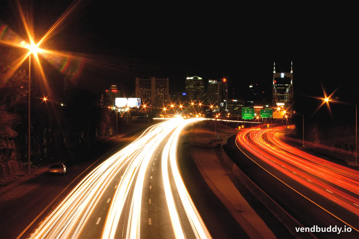 Downtown Nashville skyline at night from I-65, with the AT&T Building, the core of the Downtown, Gulch and SoBro vending district