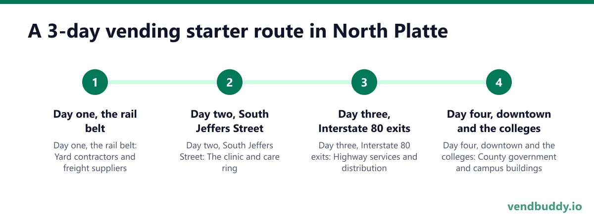 A 3-day vending starter route in North Platte: Day one, the rail belt; Day two, South Jeffers Street; Day three, Interstate 80 exits; Day four, downtown and the colleges