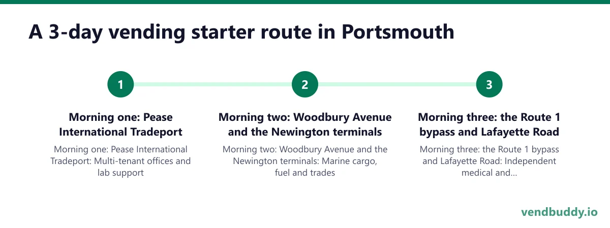 A 3-day vending starter route in Portsmouth: Morning one: Pease International Tradeport; Morning two: Woodbury Avenue and the Newington terminals; Morning three: the Route 1 bypass and Lafayette Road