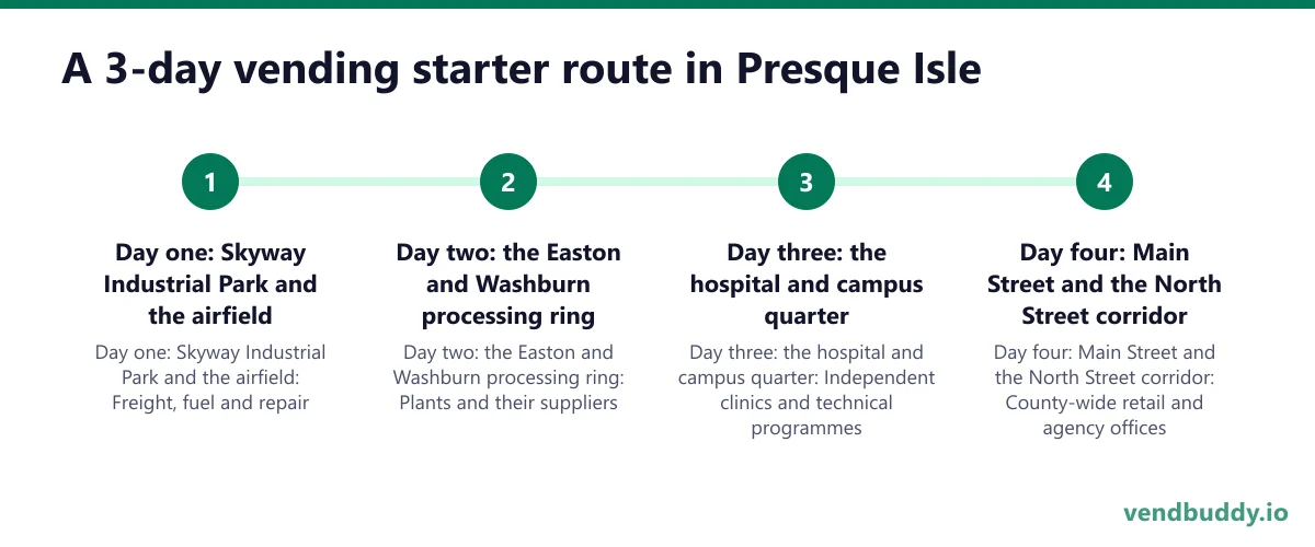 A 3-day vending starter route in Presque Isle: Day one: Skyway Industrial Park and the airfield; Day two: the Easton and Washburn processing ring; Day three: the hospital and campus quarter; Day four: Main Street and the North Street corridor