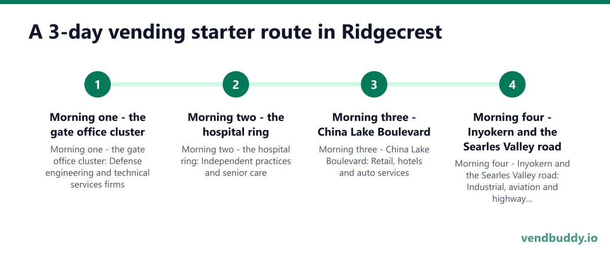 A 3-day vending starter route in Ridgecrest: Morning one - the gate office cluster; Morning two - the hospital ring; Morning three - China Lake Boulevard; Morning four - Inyokern and the Searles Valley road