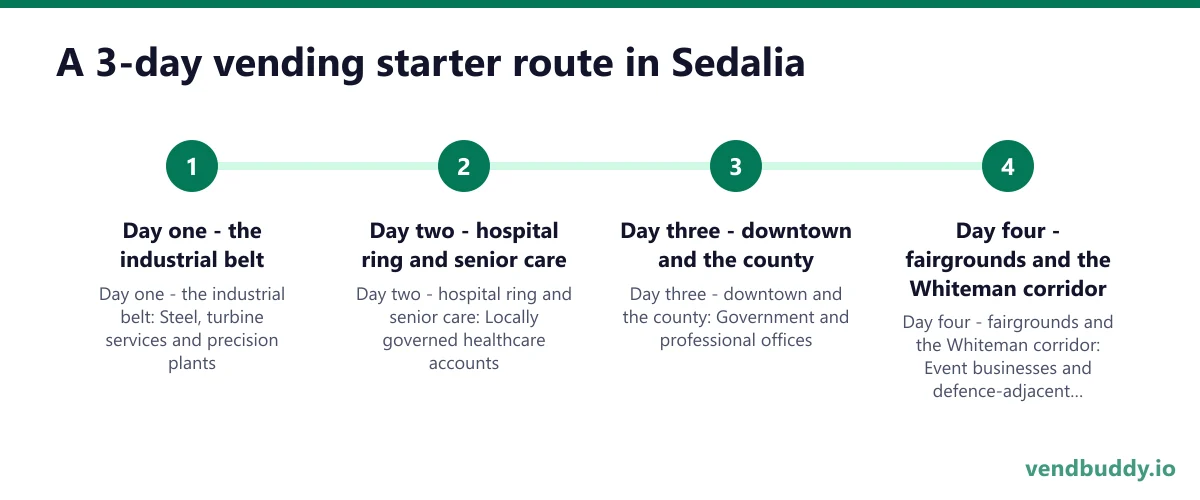 A 3-day vending starter route in Sedalia: Day one - the industrial belt; Day two - hospital ring and senior care; Day three - downtown and the county; Day four - fairgrounds and the Whiteman corridor