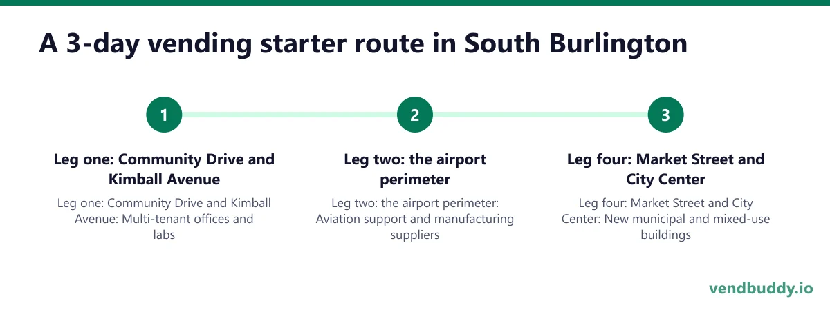 A 3-day vending starter route in South Burlington: Leg one: Community Drive and Kimball Avenue; Leg two: the airport perimeter; Leg four: Market Street and City Center