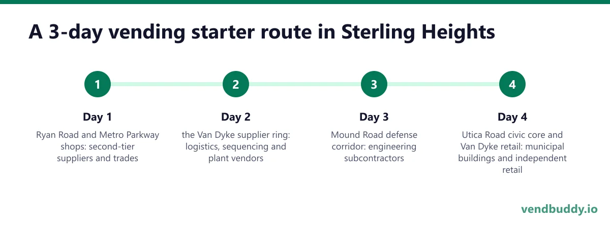 A 3-day vending starter route in Sterling Heights: Day 1 — Ryan Road and Metro Parkway shops; Day 2 — the Van Dyke supplier ring; Day 3 — Mound Road defense corridor; Day 4 — Utica Road civic core and Van Dyke retail