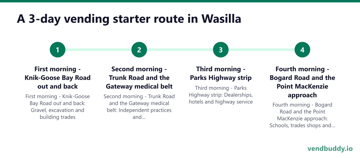 A 3-day vending starter route in Wasilla: First morning - Knik-Goose Bay Road out and back; Second morning - Trunk Road and the Gateway medical belt; Third morning - Parks Highway strip; Fourth morning - Bogard Road and the Point MacKenzie approach