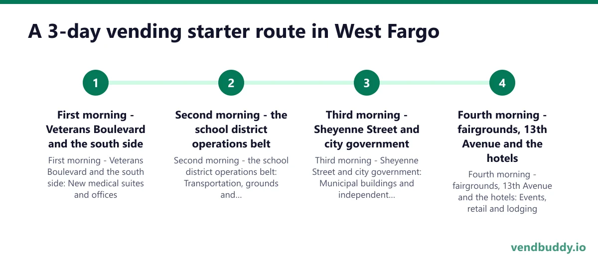A 3-day vending starter route in West Fargo: First morning - Veterans Boulevard and the south side; Second morning - the school district operations belt; Third morning - Sheyenne Street and city government; Fourth morning - fairgrounds, 13th Avenue and the hotels