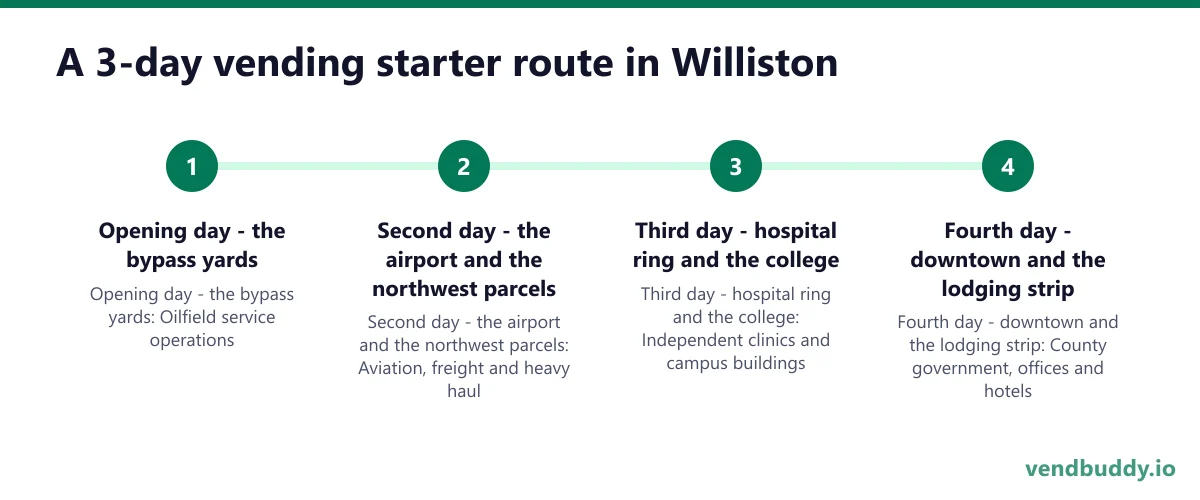 A 3-day vending starter route in Williston: Opening day - the bypass yards; Second day - the airport and the northwest parcels; Third day - hospital ring and the college; Fourth day - downtown and the lodging strip