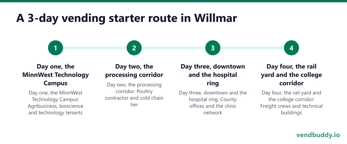 A 3-day vending starter route in Willmar: Day one, the MinnWest Technology Campus; Day two, the processing corridor; Day three, downtown and the hospital ring; Day four, the rail yard and the college corridor