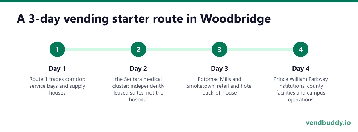 A 3-day vending starter route in Woodbridge: Day 1 — Route 1 trades corridor; Day 2 — the Sentara medical cluster; Day 3 — Potomac Mills and Smoketown; Day 4 — Prince William Parkway institutions