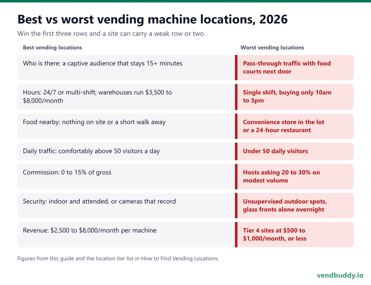 Best vs worst vending machine locations in 2026 compared on seven checks: captive audience, hours, food nearby, daily traffic of 50 visitors, commission of 0 to 15 percent versus 20 to 30 percent, security, and revenue per machine