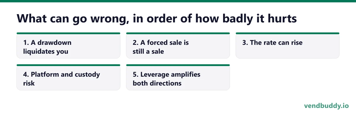 What can go wrong, in order of how badly it hurts, 5 points in order: A drawdown liquidates you; A forced sale is still a sale; The rate can rise; Platform and custody risk; Leverage amplifies both directions