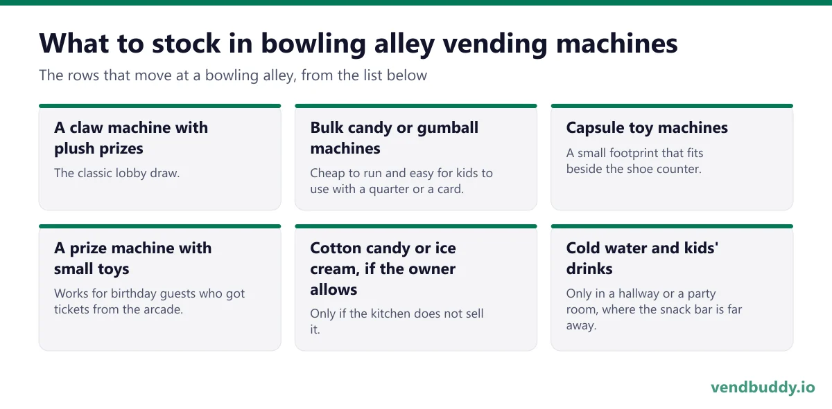What to stock in bowling alley vending machines: a claw machine with plush prizes, bulk candy or gumball machines, capsule toy machines, a prize machine with small toys, cotton candy or ice cream, if the owner allows, cold water and kids' drinks