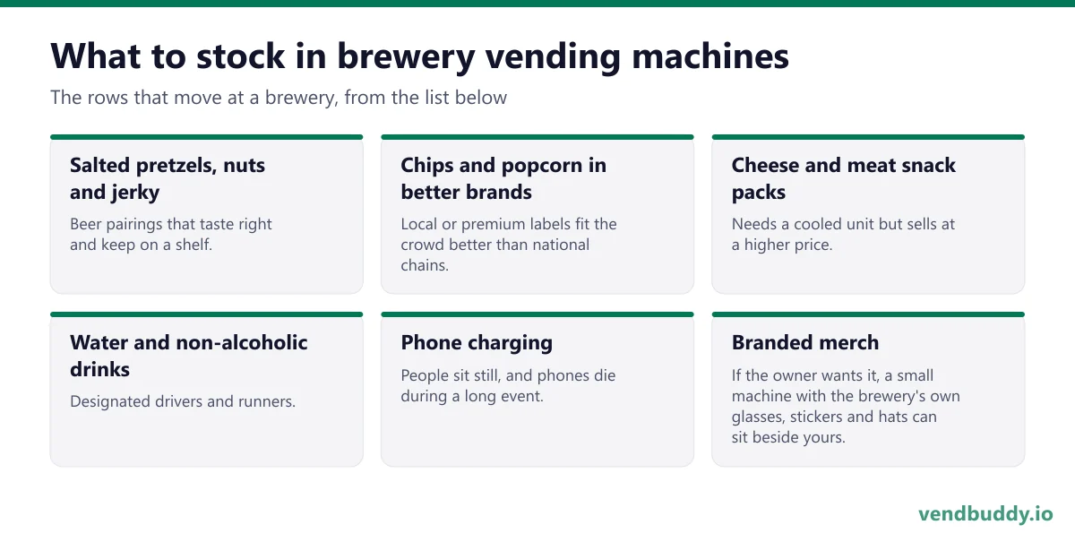 What to stock in brewery vending machines: salted pretzels, nuts and jerky, chips and popcorn in better brands, cheese and meat snack packs, water and non-alcoholic drinks, phone charging, branded merch