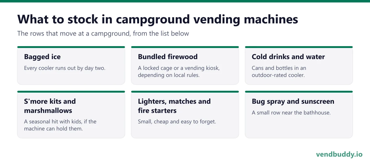 What to stock in campground vending machines: bagged ice, bundled firewood, cold drinks and water, s'more kits and marshmallows, lighters, matches and fire starters, bug spray and sunscreen
