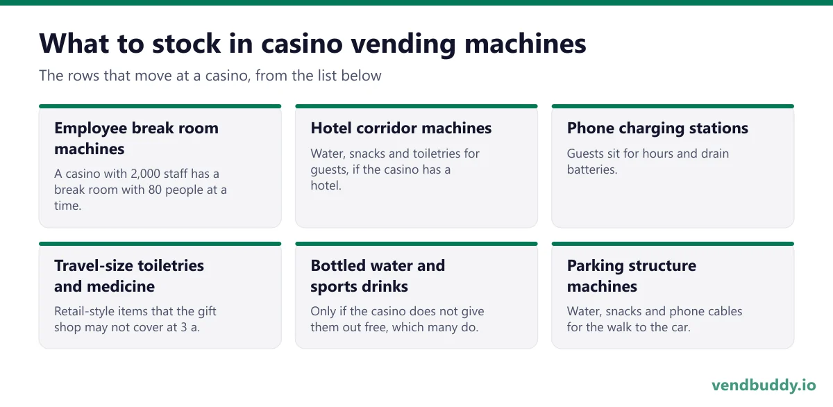 What to stock in casino vending machines: employee break room machines, hotel corridor machines, phone charging stations, travel-size toiletries and medicine, bottled water and sports drinks, parking structure machines