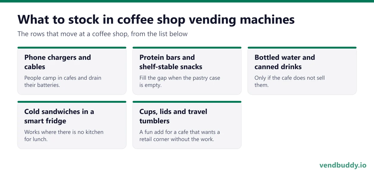 What to stock in coffee shop vending machines: phone chargers and cables, protein bars and shelf-stable snacks, bottled water and canned drinks, cold sandwiches in a smart fridge, cups, lids and travel tumblers