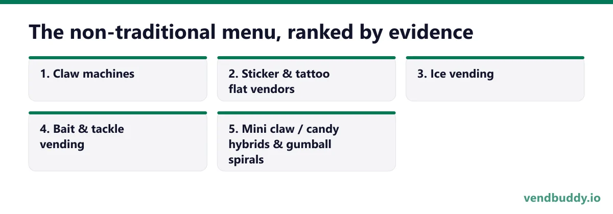 The non-traditional menu, ranked by evidence, 5 points in order: Claw machines; Sticker & tattoo flat vendors; Ice vending; Bait & tackle vending; Mini claw / candy hybrids & gumball spirals